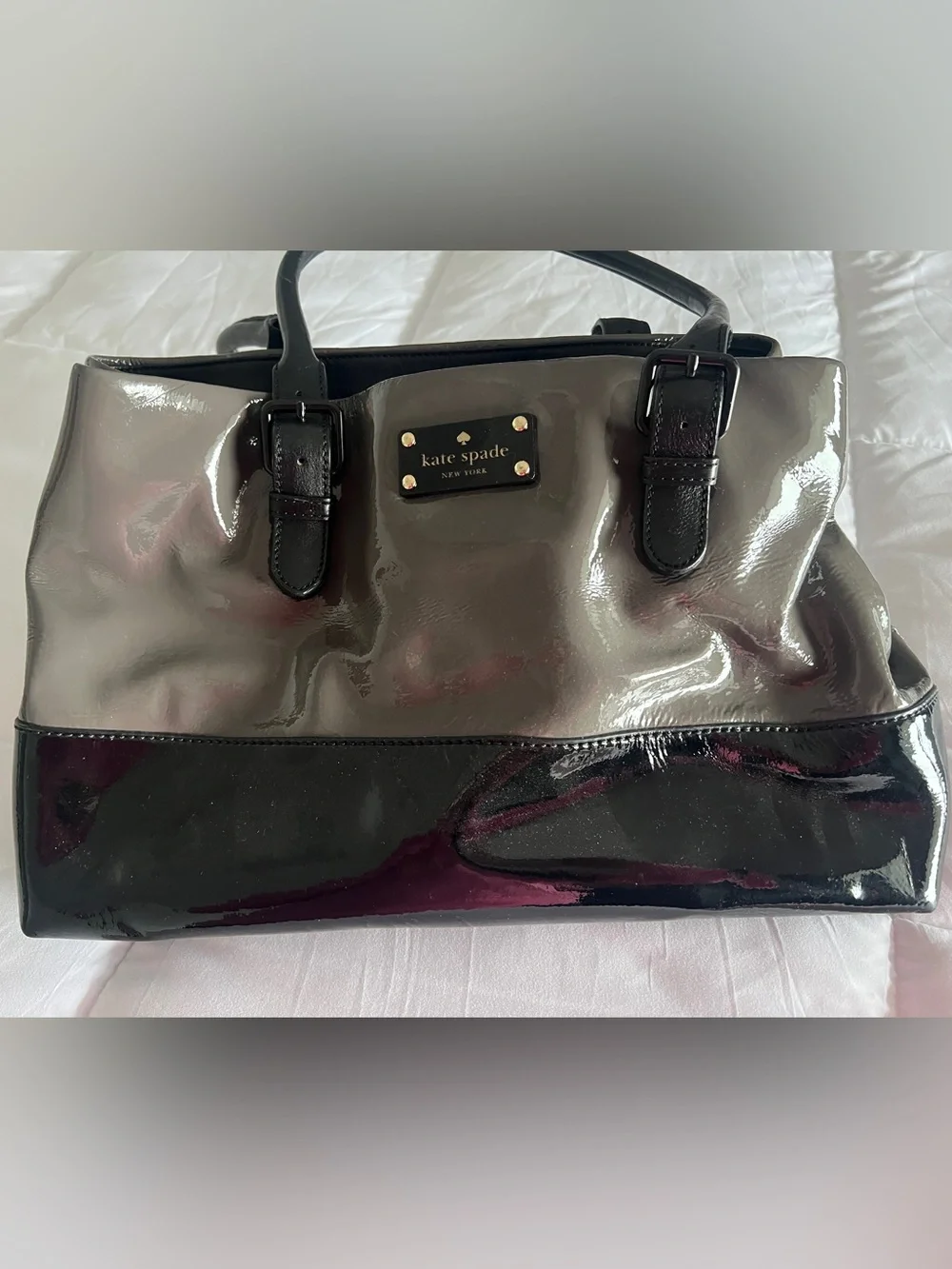 kate spade Two-Tone Patent Tote in Black and Gray - Picture 1 of 8